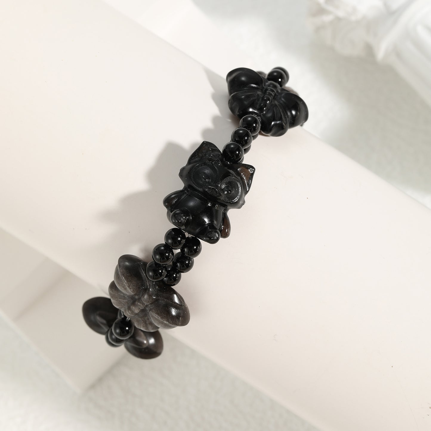 Natural Crystal Obsidian Stylish Butterfllies Carving Charms with Fox Beaded Bracelet