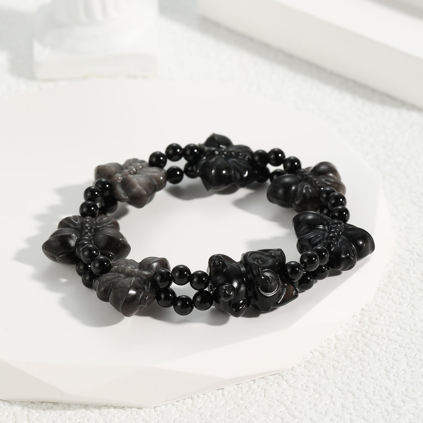 Natural Crystal Obsidian Stylish Butterfllies Carving Charms with Fox Beaded Bracelet