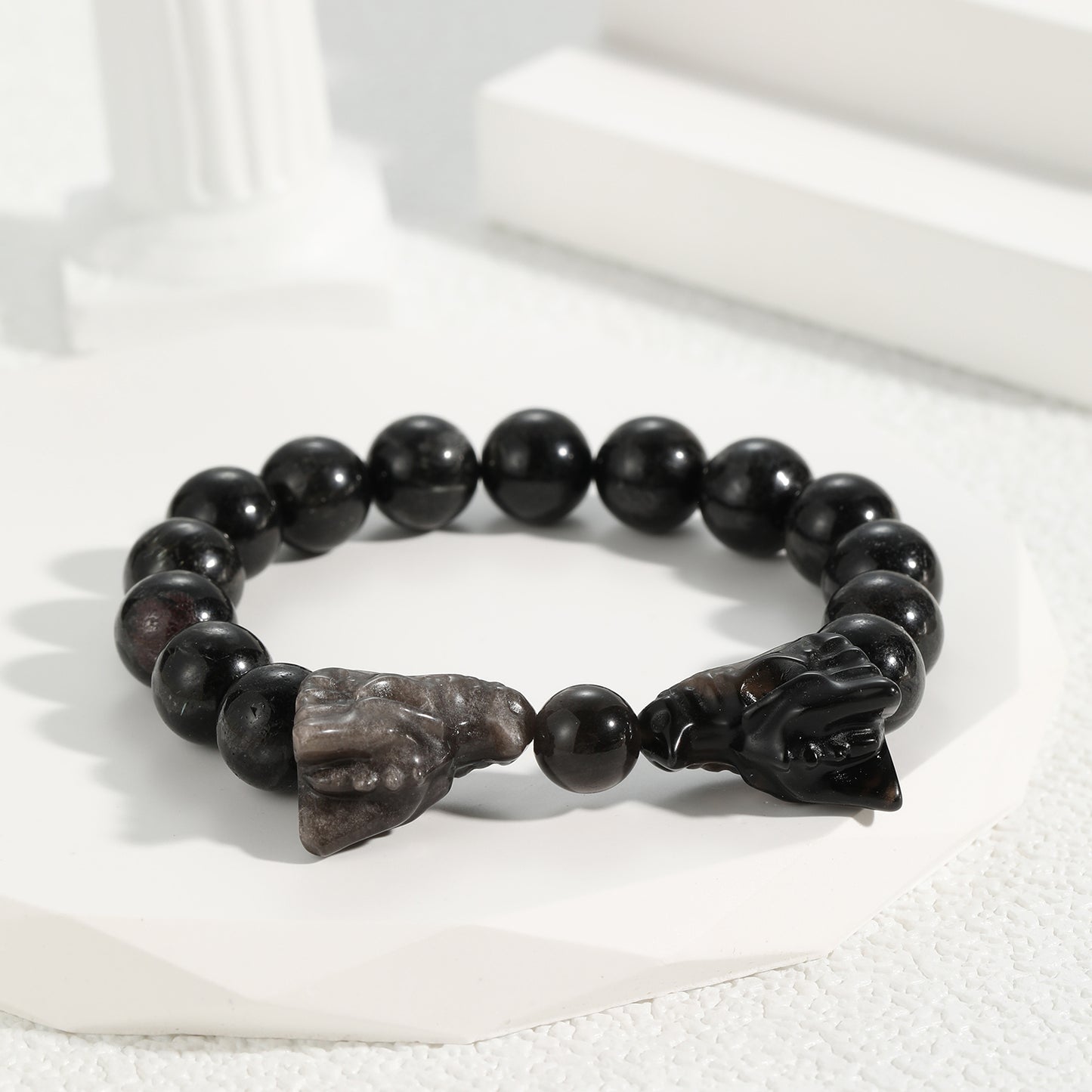 1pc Natural Crystal Arfvedsonite Beaded Dragon Head Combo Bracelet 10mm