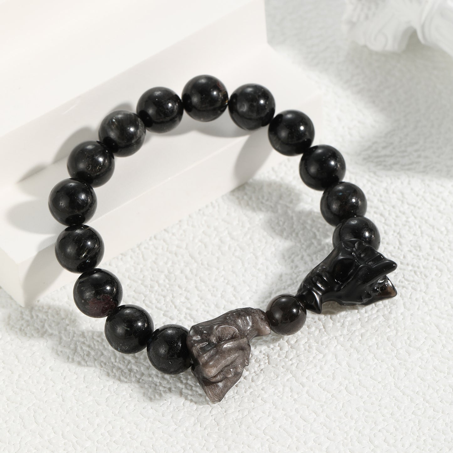 1pc Natural Crystal Arfvedsonite Beaded Dragon Head Combo Bracelet 10mm