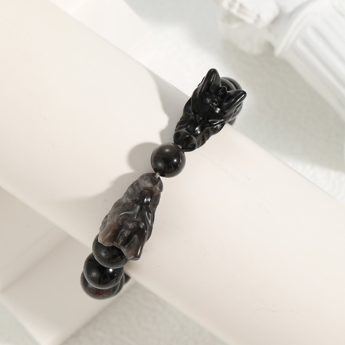 1pc Natural Crystal Arfvedsonite Beaded Dragon Head Combo Bracelet 10mm