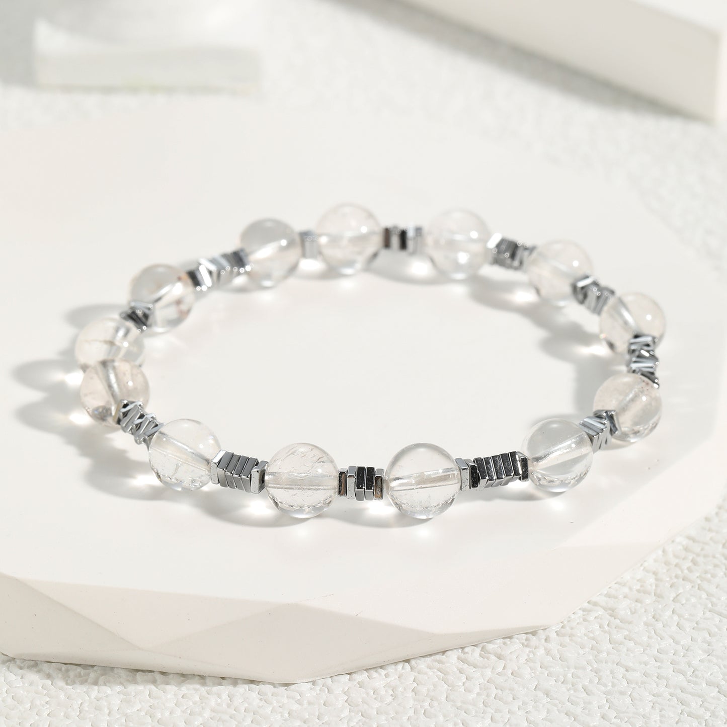 Natural Crystal Clear Quartz with Hematite Beaded Combo Bracelet 8mm