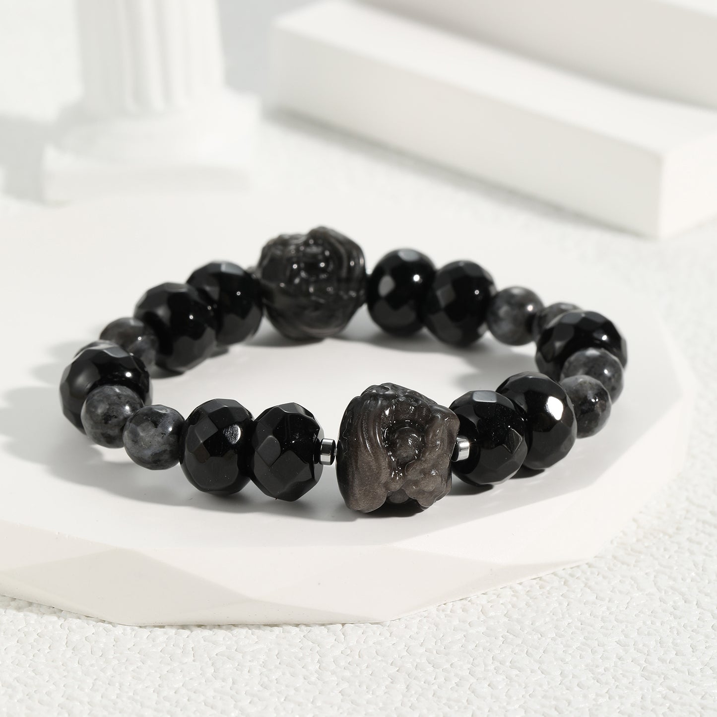 Natural Crystal Faceted Black Agate with Larvikaite with Black Obsidian Lion Head Combo Chunky Bracelet