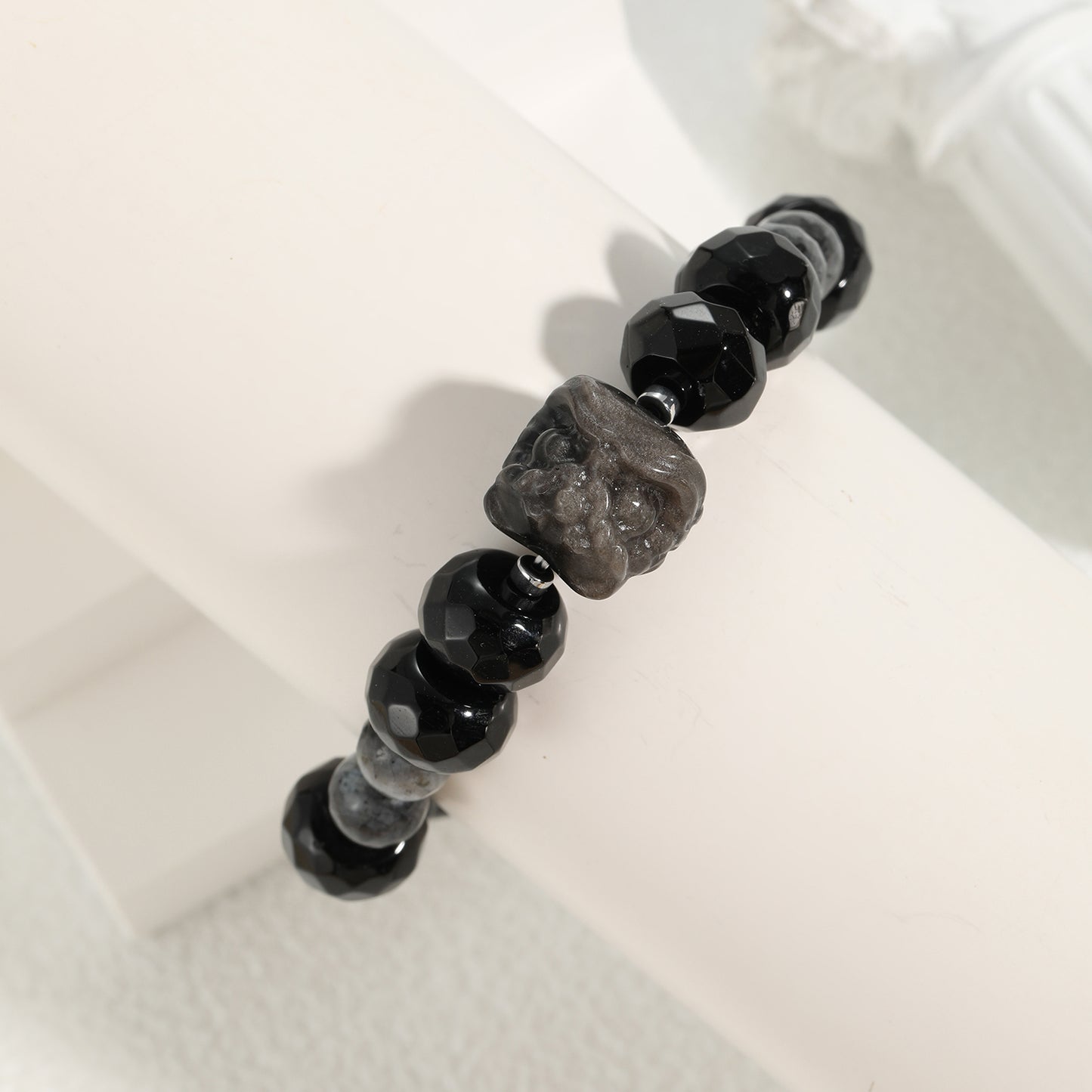 Natural Crystal Faceted Black Agate with Larvikaite with Black Obsidian Lion Head Combo Chunky Bracelet