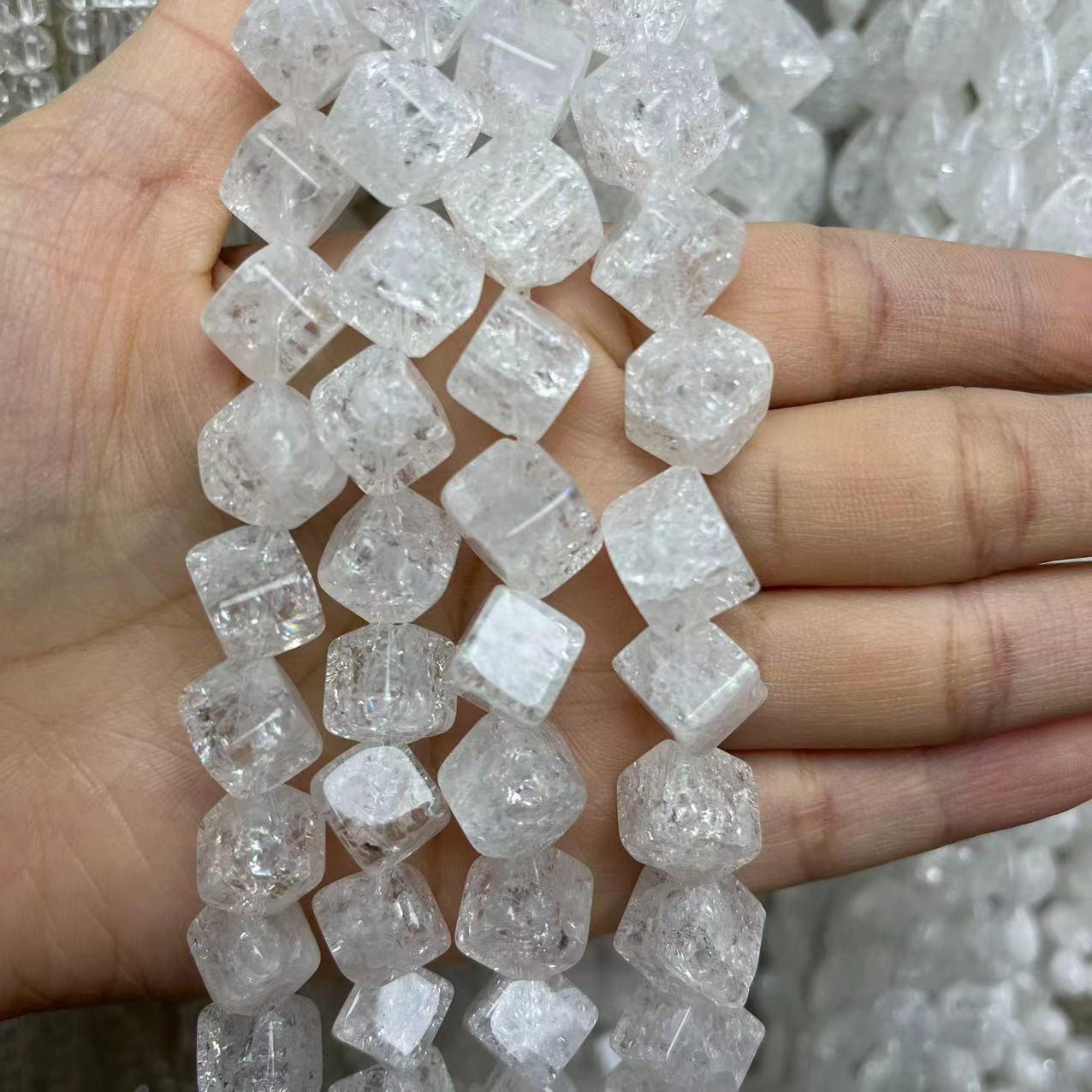 Natural Clear Quartz Diagonal Cube Crackle 15'' Strand Beads 14x14MM