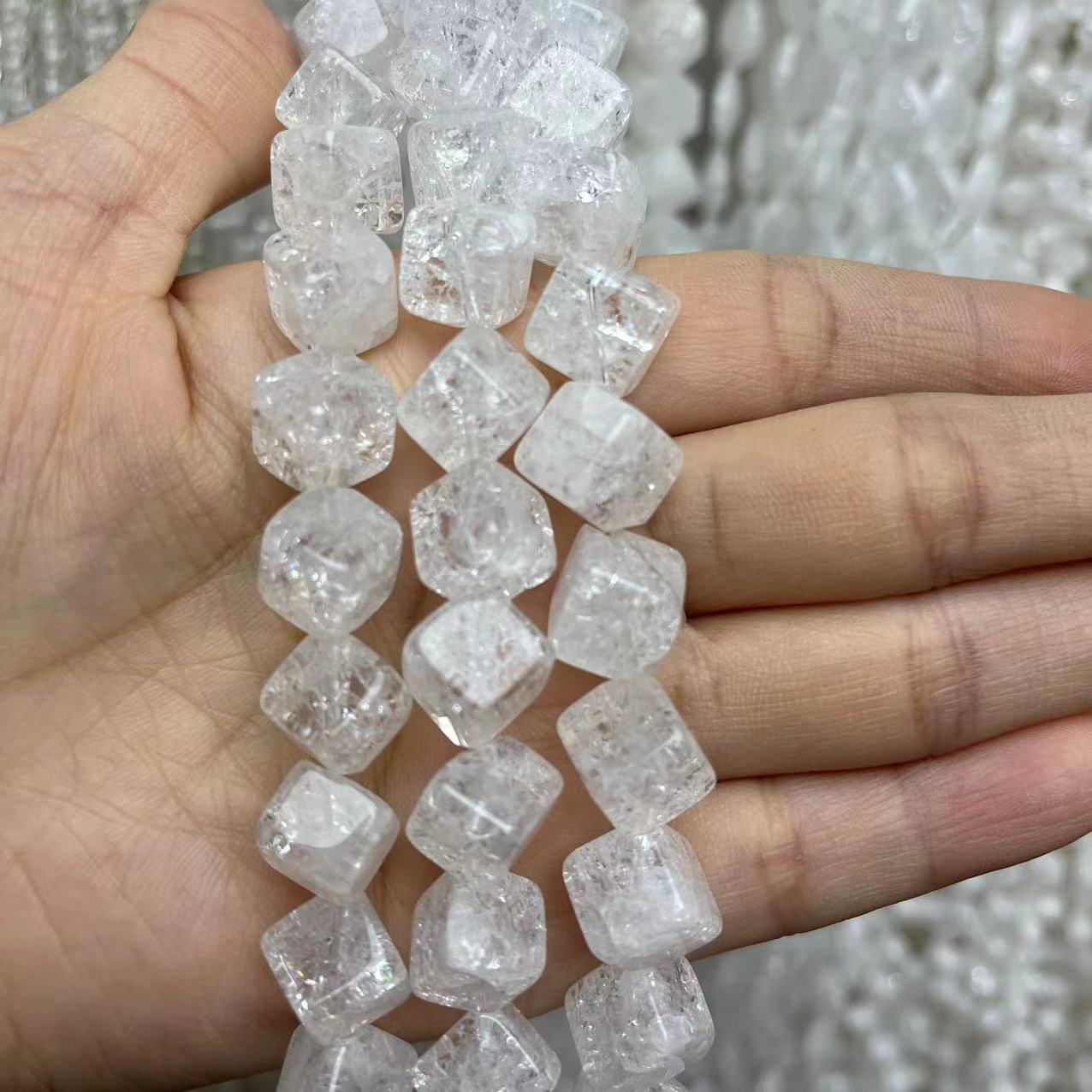 Natural Clear Quartz Diagonal Cube Crackle 15'' Strand Beads 14x14MM
