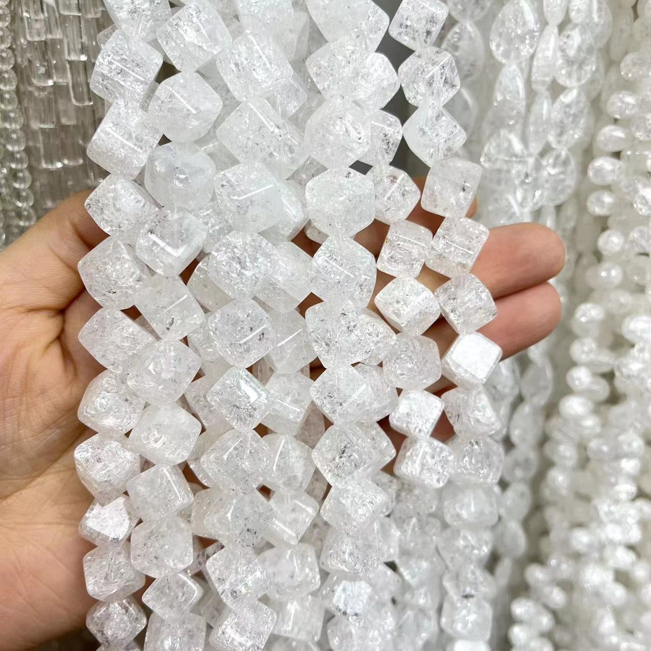 Natural Clear Quartz Diagonal Cube Crackle 15'' Strand Beads 14x14MM