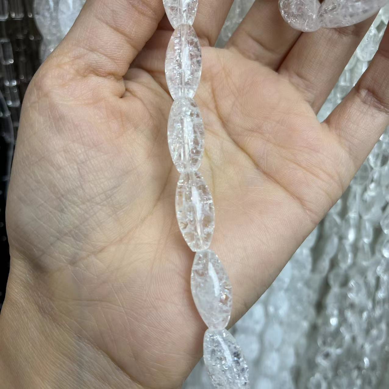 Natural Clear Quartz Rugby Crackle 15'' Strand Beads 10x20MM