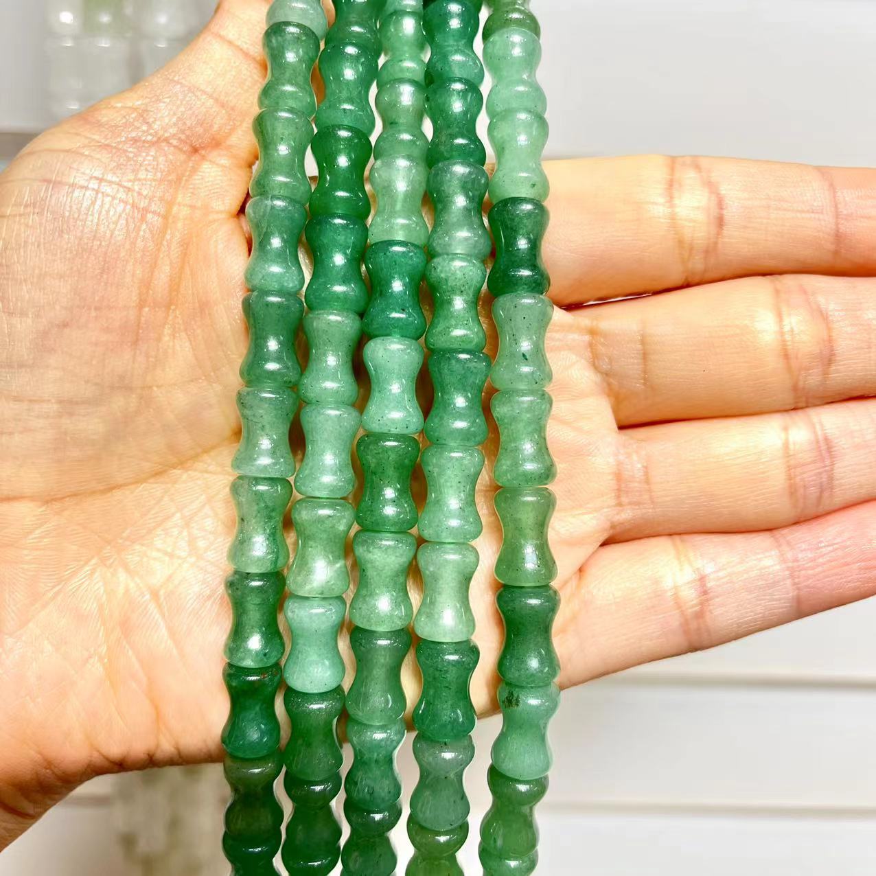 Natural Green Jade Chunky Bamboo Shape Beads 15” Strand Beads 6x12MM