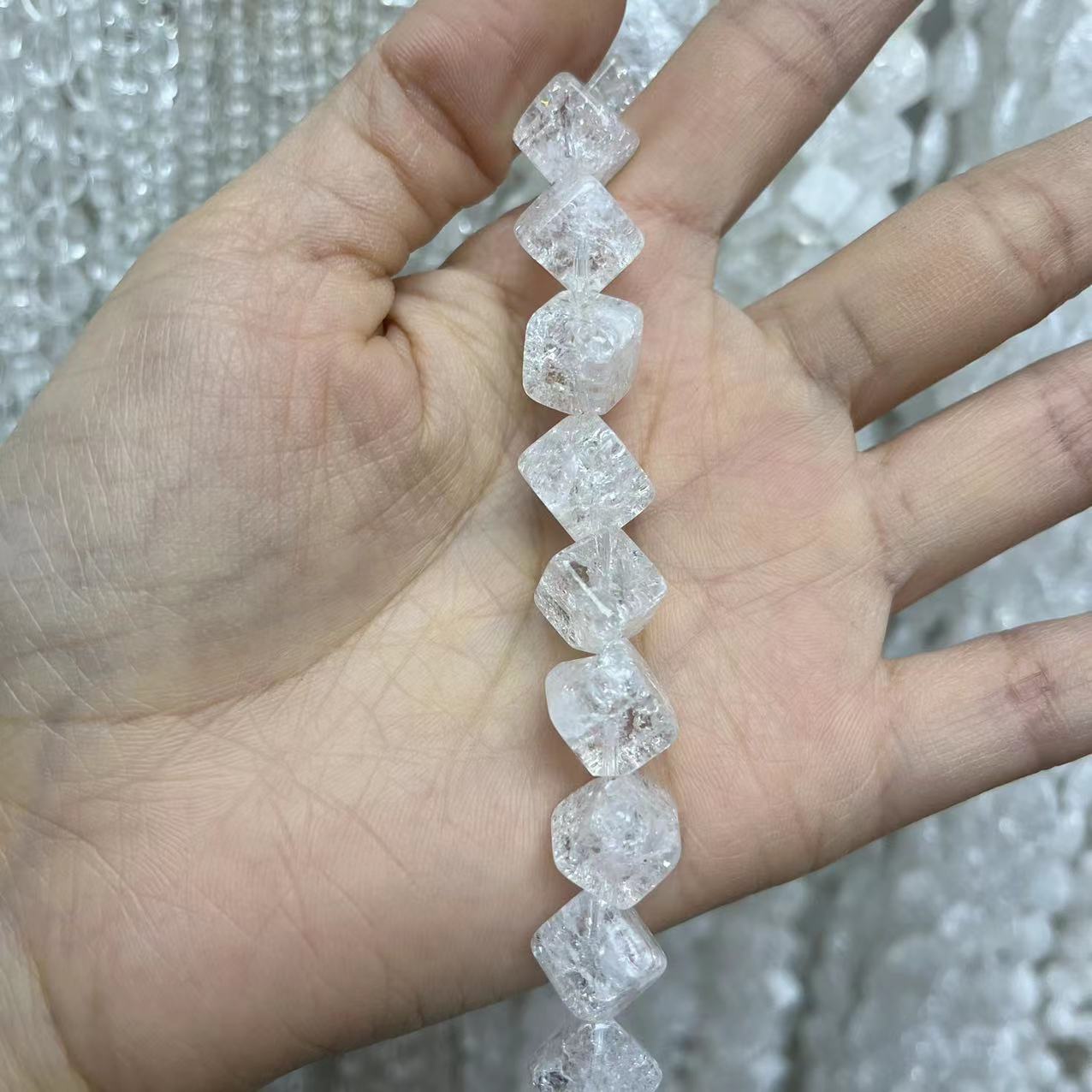 Natural Clear Quartz Diagonal Cube Crackle 15'' Strand Beads 14x14MM