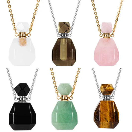 Natural Crystal Perfume Bottle Aroma Essential Oil Bottle Pendant Necklace,Multi Material Options