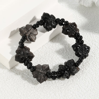 Natural Crystal Obsidian Stylish Butterfllies Carving Charms with Fox Beaded Bracelet