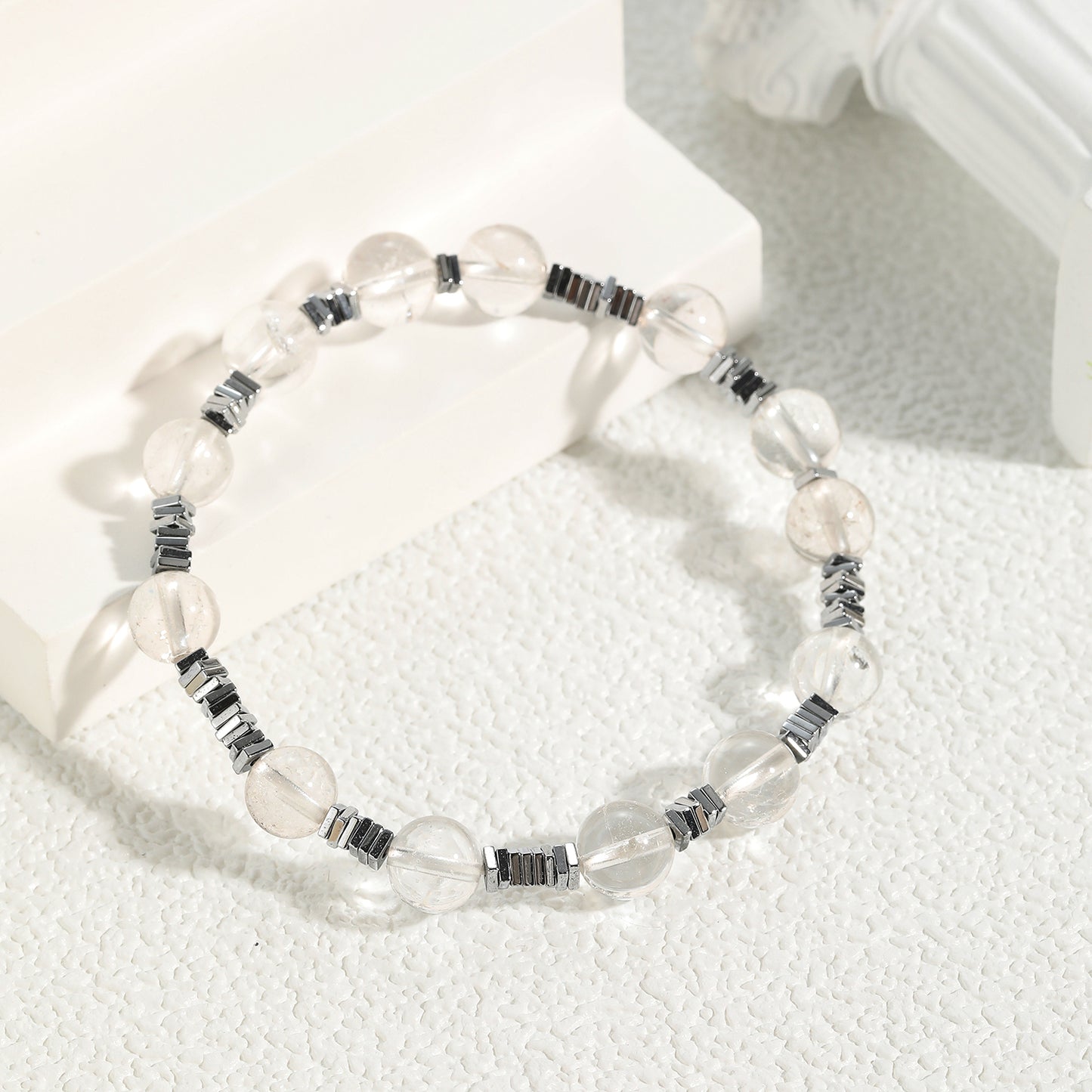 Natural Crystal Clear Quartz with Hematite Beaded Combo Bracelet 8mm