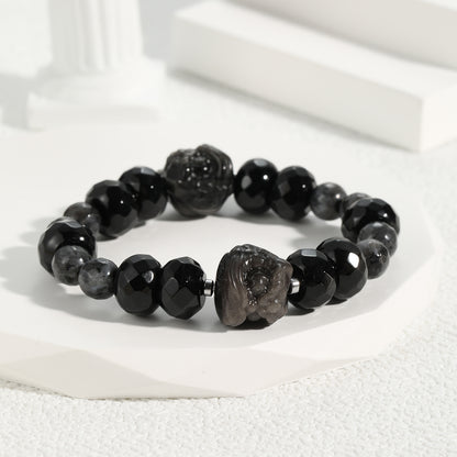 Natural Crystal Faceted Black Agate with Larvikaite with Black Obsidian Lion Head  Combo Chunky Bracelet