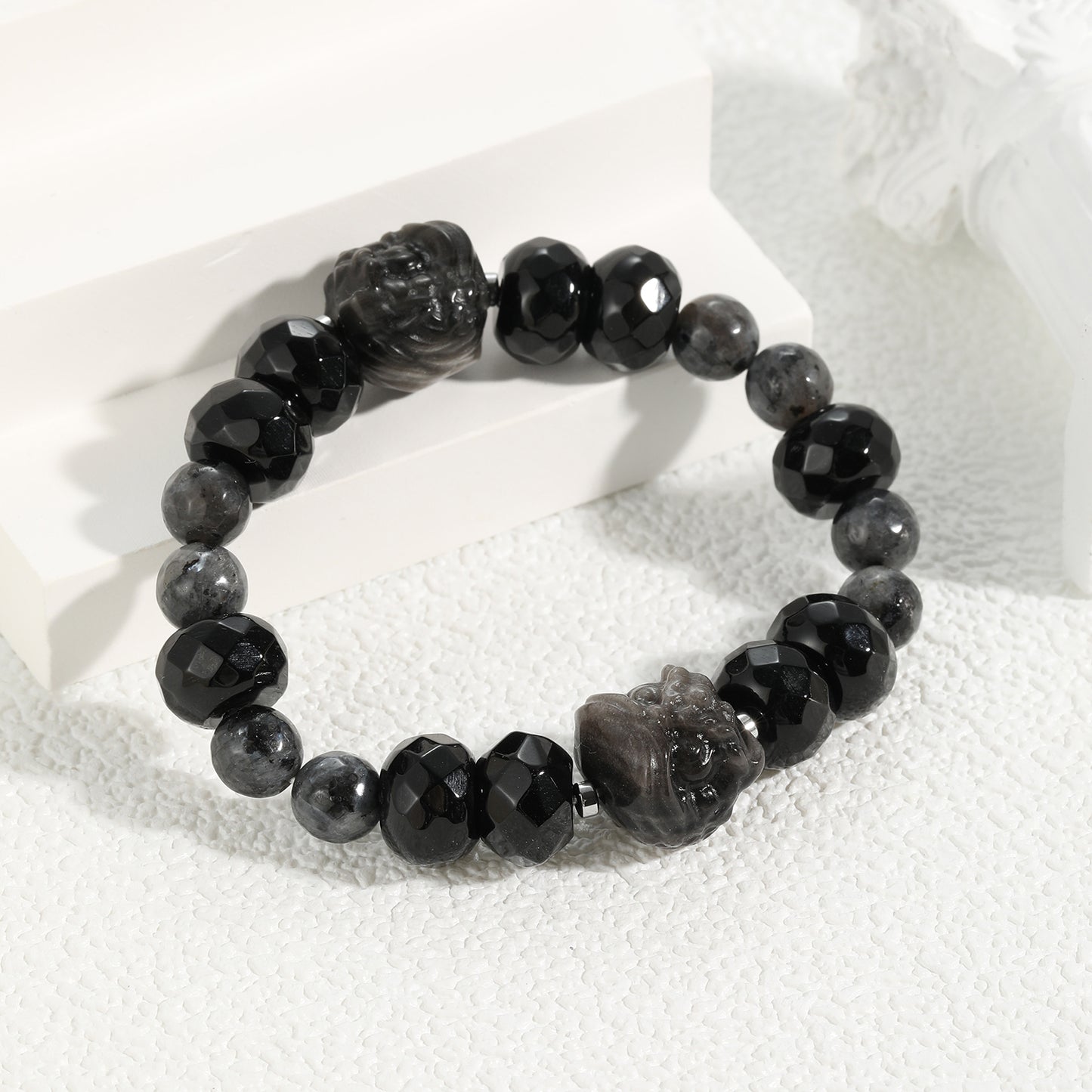 Natural Crystal Faceted Black Agate with Larvikaite with Black Obsidian Lion Head  Combo Chunky Bracelet