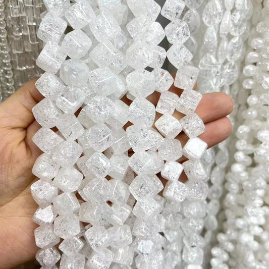 Natural Clear Quartz Diagonal Cube Crackle 15'' Strand Beads 14x14MM