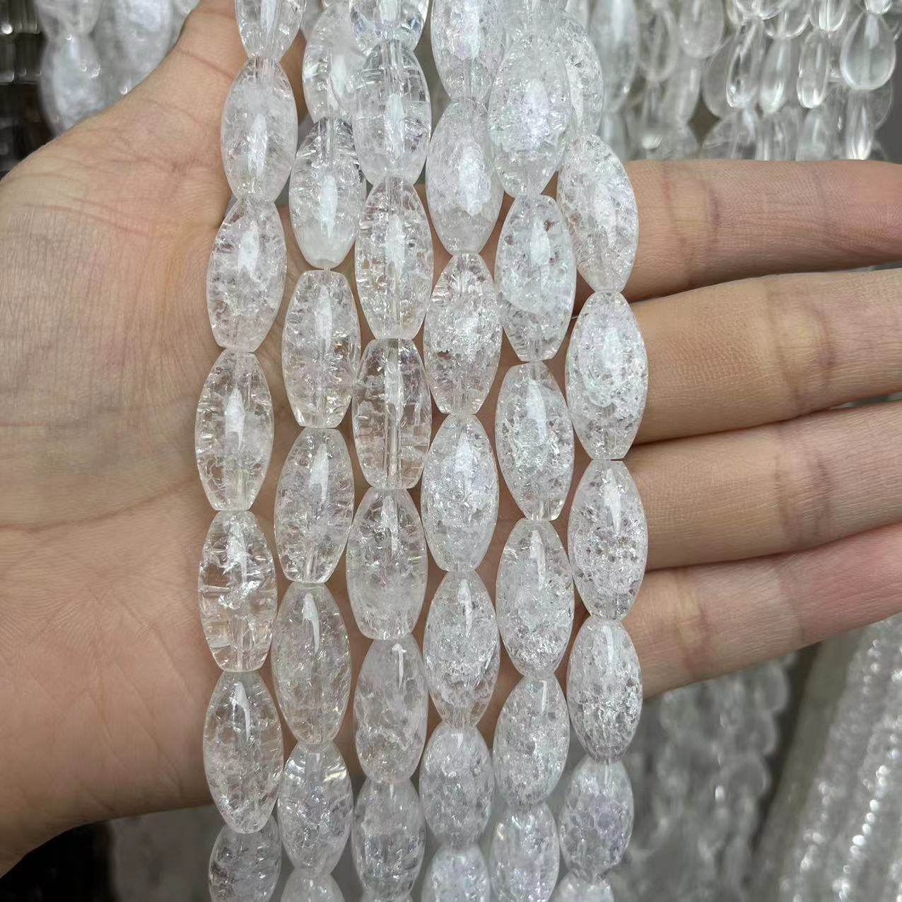 Natural Clear Quartz Rugby Crackle 15'' Strand Beads 10x20MM