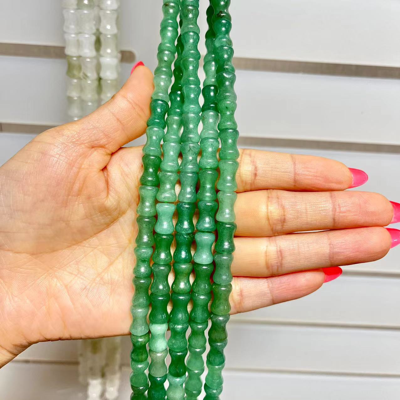 Natural Green Jade Chunky Bamboo Shape Beads 15” Strand Beads 6x12MM