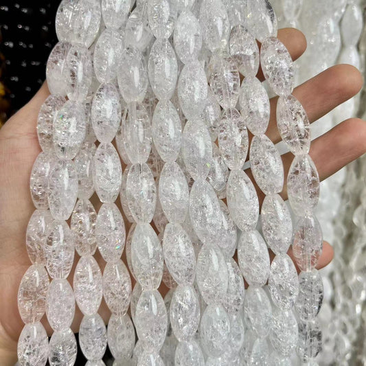Natural Clear Quartz Rugby Crackle 15'' Strand Beads 10x20MM